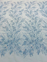 Dantela Couture Bleu cu Model Floral, Perle, Margele si Paiete