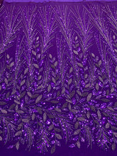 Dantela Couture Mov Inchis cu Model Floral, cu Perle, Margele si Paiete