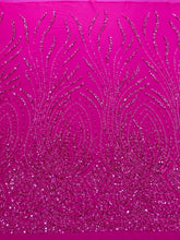 Dantela Couture Fucsia cu Panou, cu Perle, Margele si Paiete