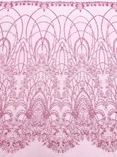 Dantela Couture Roz cu Model Geometric, cu Perle, Margele si Paiete