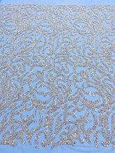 Dantela Couture Argintie pe Tulle Bleu cu Model Geometric, cu Margele si Paiete