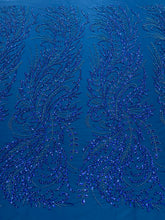 Dantela Couture Albastru Marin cu Model Floral, cu Margele si Paiete