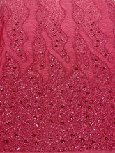 Dantela Couture Roz Coral cu Model Geometric si Flori, cu Margele si Paiete