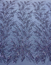 Dantela Couture Albastru Prafuit cu Model Floral, Perle, Margele si Paiete