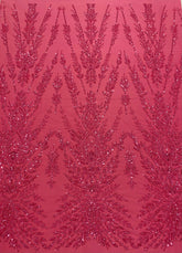 Dantela Couture Roz Coral cu Model Simetric, cu Margele si Paiete