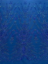 Dantela Couture Albastru Marin cu Model Simetric, cu Margele si Paiete