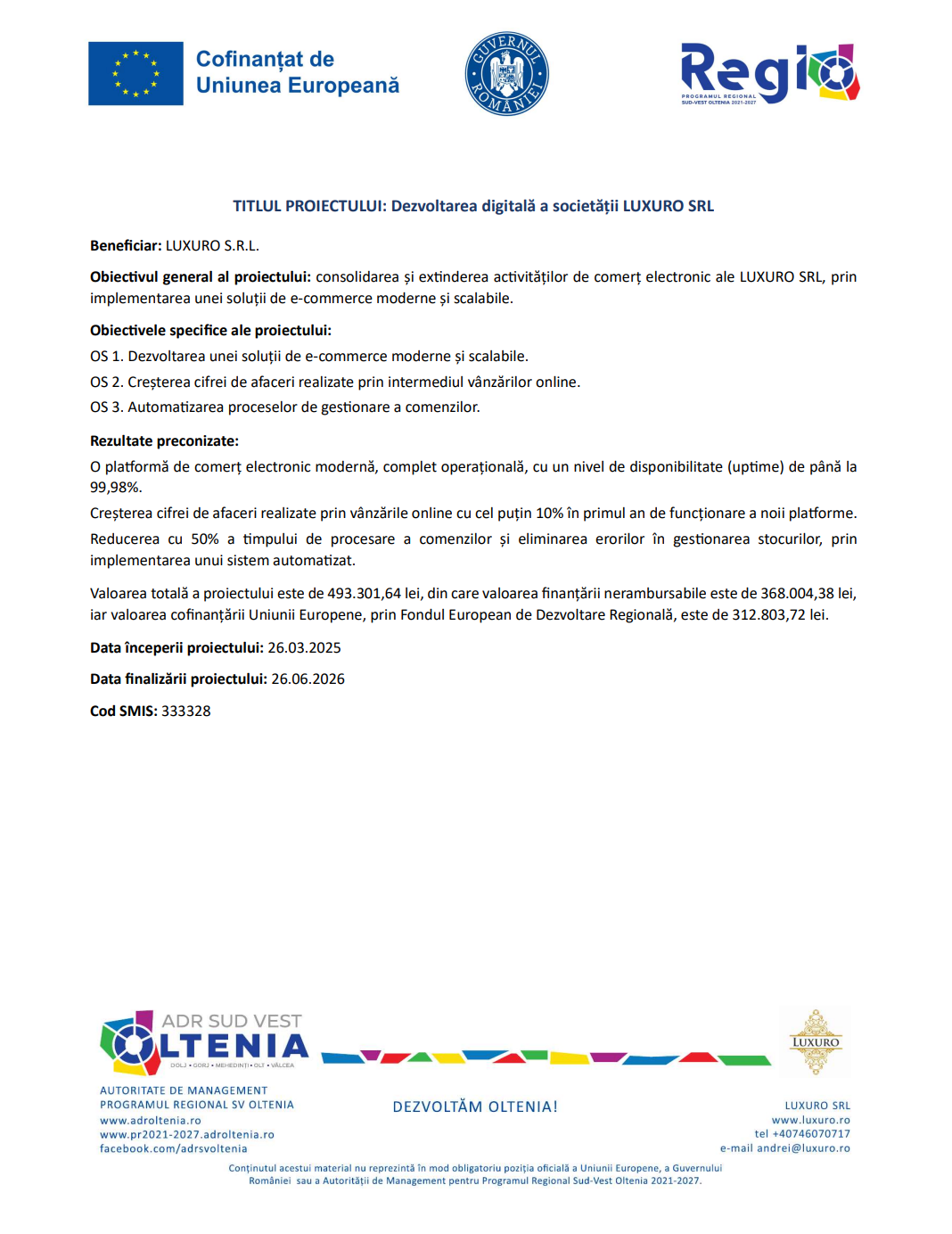 Dezvoltarea digitală a societății LUXURO SRL