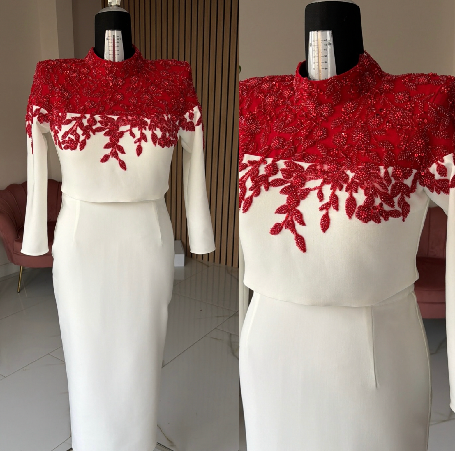 Piros Couture csipke virágmintával, gyöngyökkel, gyöngyöcskékkel és flitterekkel