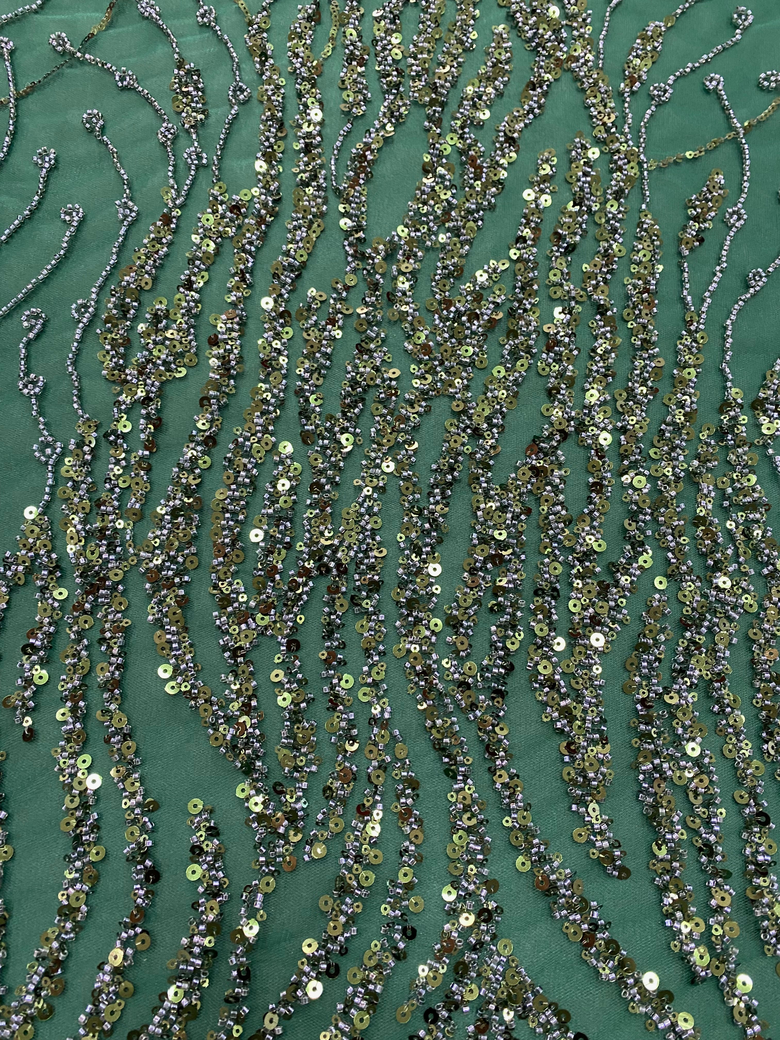 Dark Green Lace with Linear Pattern, with Beads and Sequins