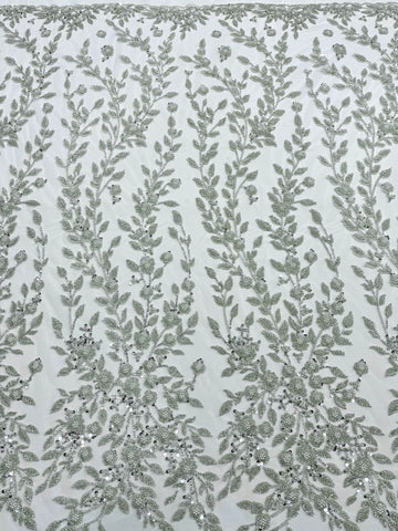 Dantela Couture Argintie pe Tulle Ivory cu Model Floral, Perle, Margele si Paiete