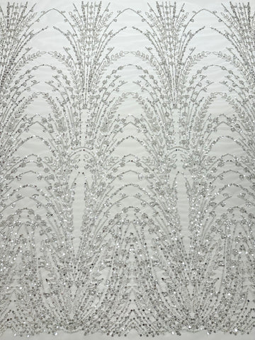 Dantela Argintie pe Tulle Ivory cu Model Geometric, cu Perle, Margele si Paiete