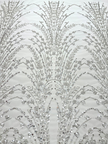 Dantela Argintie pe Tulle Ivory cu Model Geometric, cu Perle, Margele si Paiete