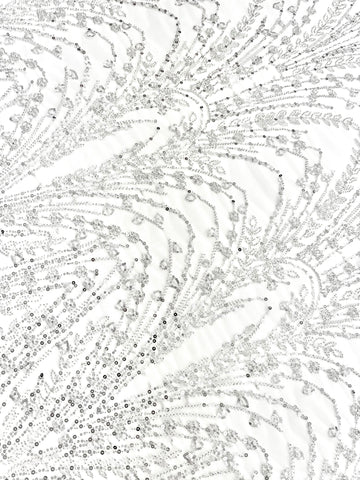 Dantela Argintie pe Tulle Ivory cu Model Geometric, cu Perle, Margele si Paiete