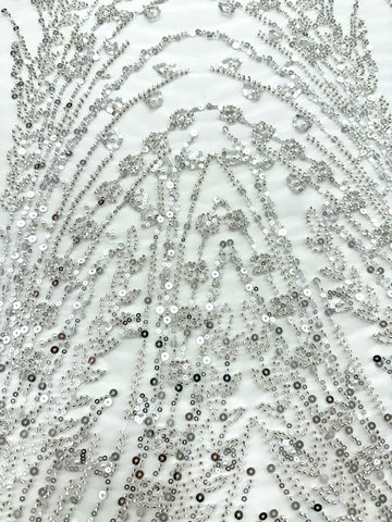 Dantela Argintie pe Tulle Ivory cu Model Geometric, cu Perle, Margele si Paiete