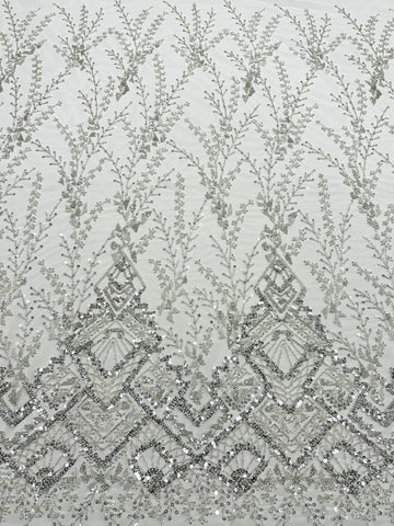 Dantela Couture Argintie pe Tulle Ivory cu Model Geometric, cu Margele si Paiete