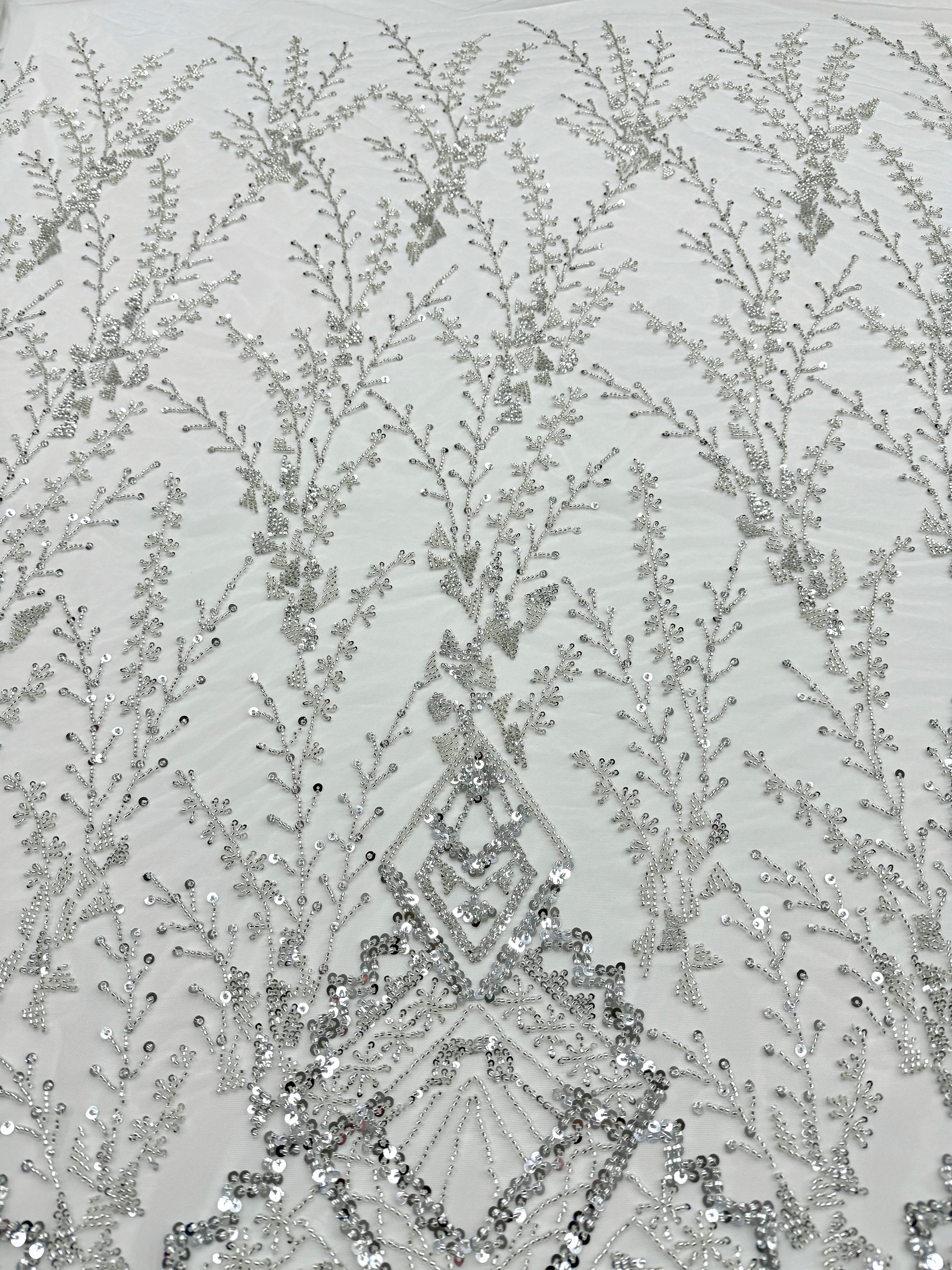 Dantela Couture Argintie pe Tulle Ivory cu Model Geometric, cu Margele si Paiete