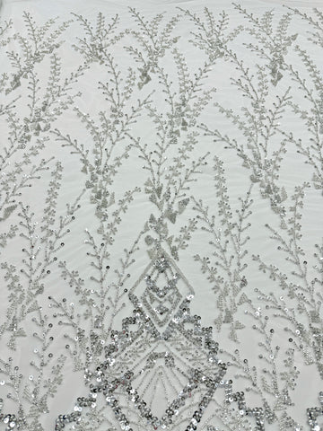 Dantela Couture Argintie pe Tulle Ivory cu Model Geometric, cu Margele si Paiete