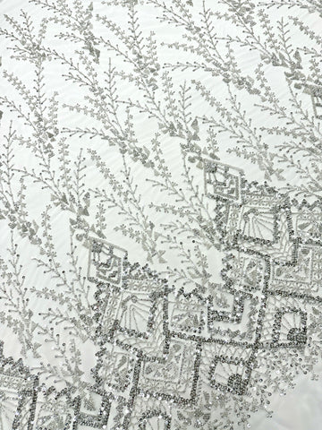 Dantela Couture Argintie pe Tulle Ivory cu Model Geometric, cu Margele si Paiete