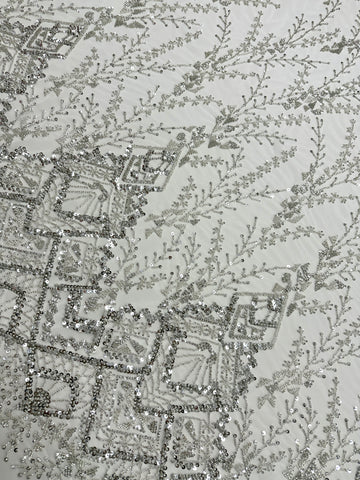 Dantela Couture Argintie pe Tulle Ivory cu Model Geometric, cu Margele si Paiete