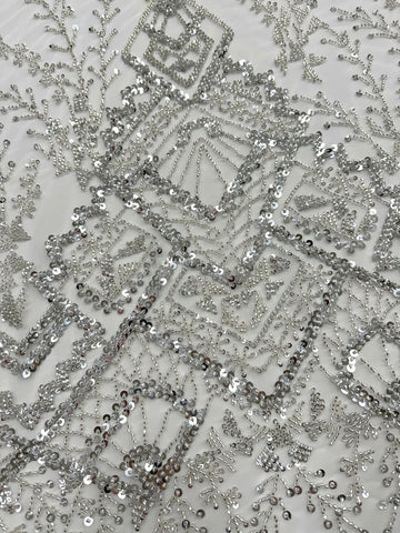 Dantela Couture Argintie pe Tulle Ivory cu Model Geometric, cu Margele si Paiete