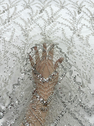 Dantela Couture Argintie pe Tulle Ivory cu Model Geometric, cu Margele si Paiete