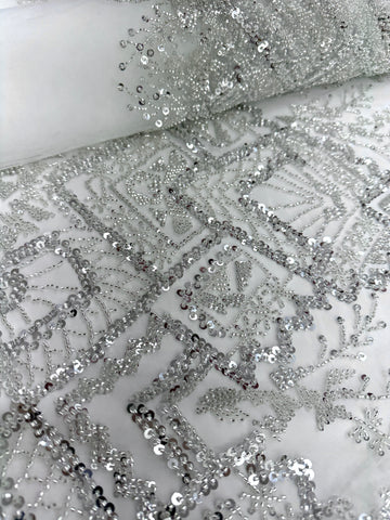 Dantela Couture Argintie pe Tulle Ivory cu Model Geometric, cu Margele si Paiete