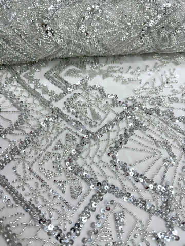 Dantela Couture Argintie pe Tulle Ivory cu Model Geometric, cu Margele si Paiete