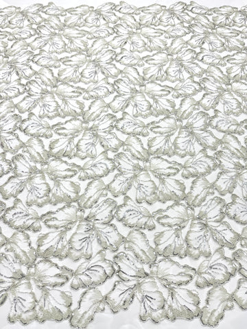 Dantela Couture Argintie pe Tulle Ivory cu Model Floral, cu Margele si Paiete