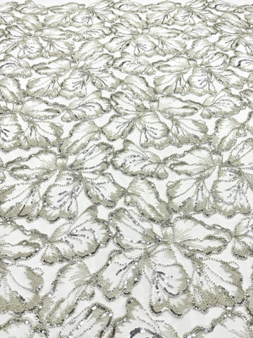 Dantela Couture Argintie pe Tulle Ivory cu Model Floral, cu Margele si Paiete