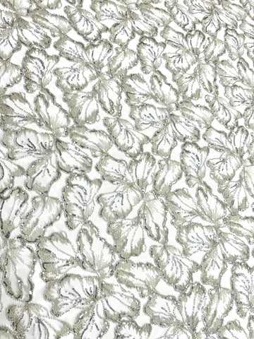 Dantela Couture Argintie pe Tulle Ivory cu Model Floral, cu Margele si Paiete