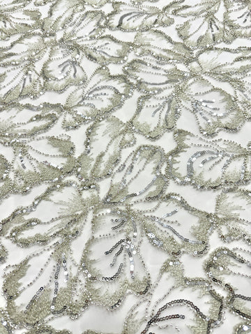 Dantela Couture Argintie pe Tulle Ivory cu Model Floral, cu Margele si Paiete