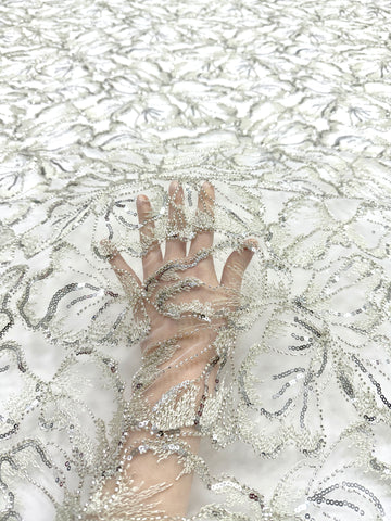 Dantela Couture Argintie pe Tulle Ivory cu Model Floral, cu Margele si Paiete