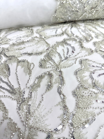 Dantela Couture Argintie pe Tulle Ivory cu Model Floral, cu Margele si Paiete