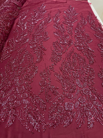 Dantela Couture Bordeaux cu Model Floral, Perle, Margele si Paiete