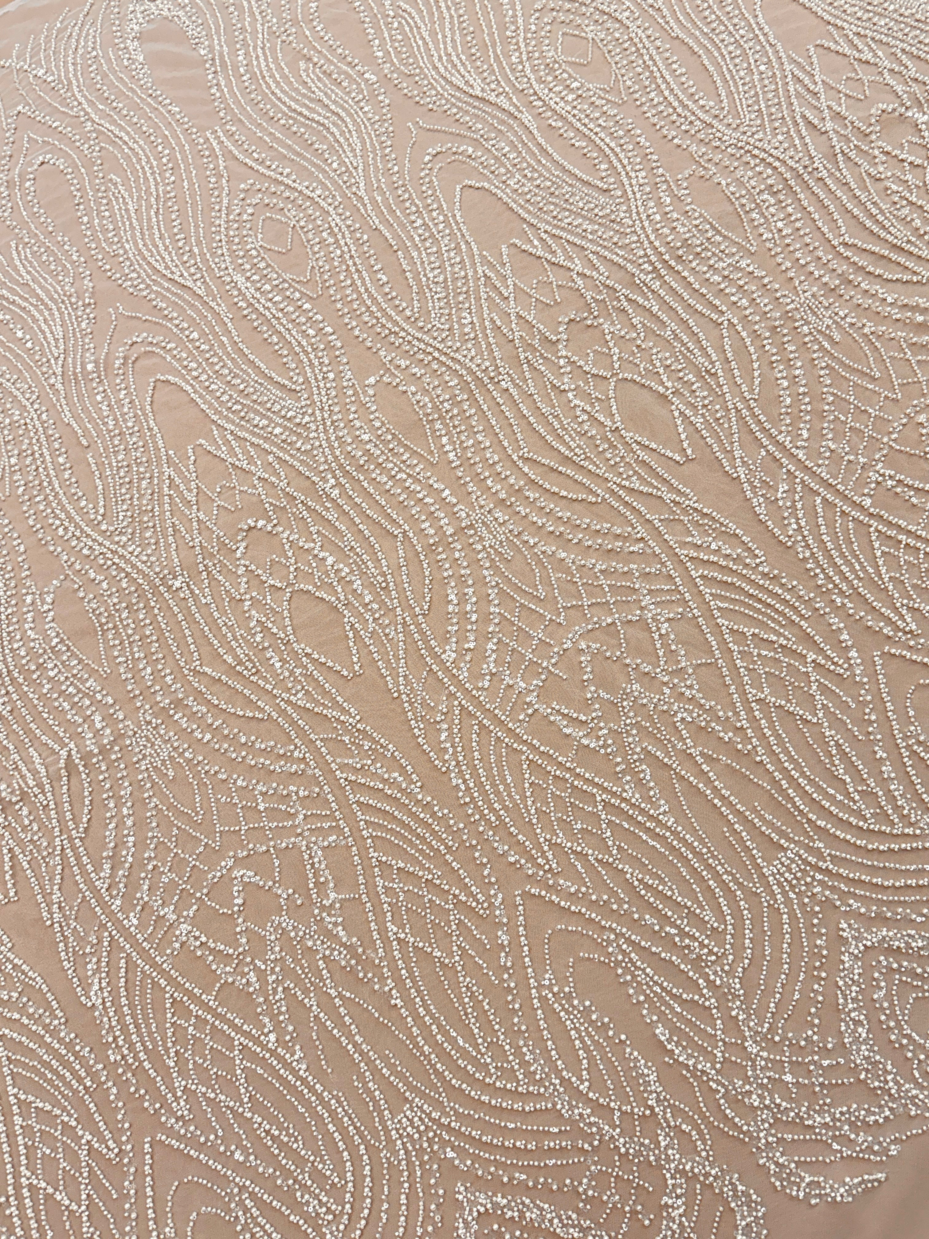 Cupon 1.50 m din Dantela Couture Ivory cu Perle, Margele si Paiete