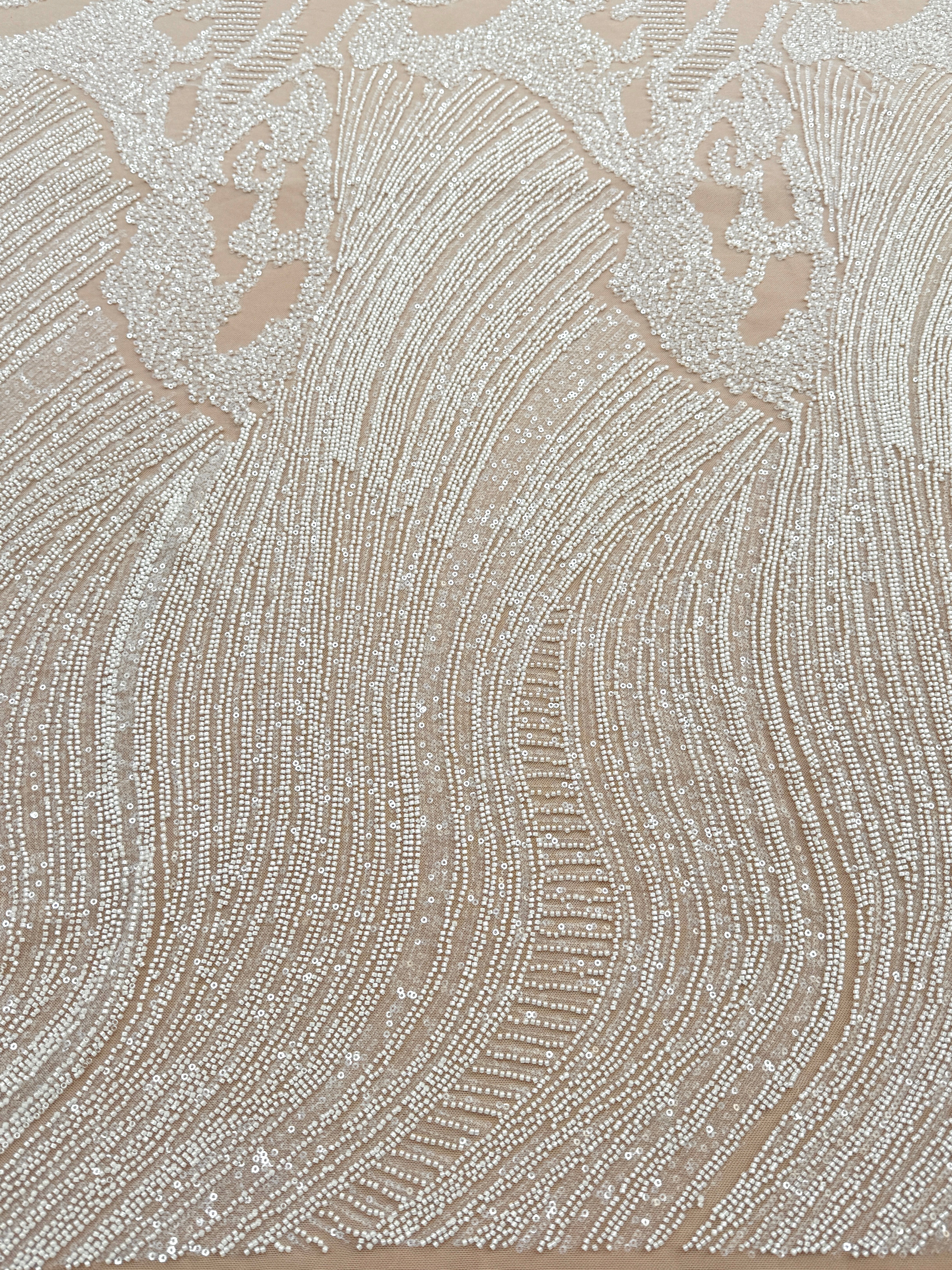 Dantela Couture Ivory cu Model Geometric, cu Margele si Paiete