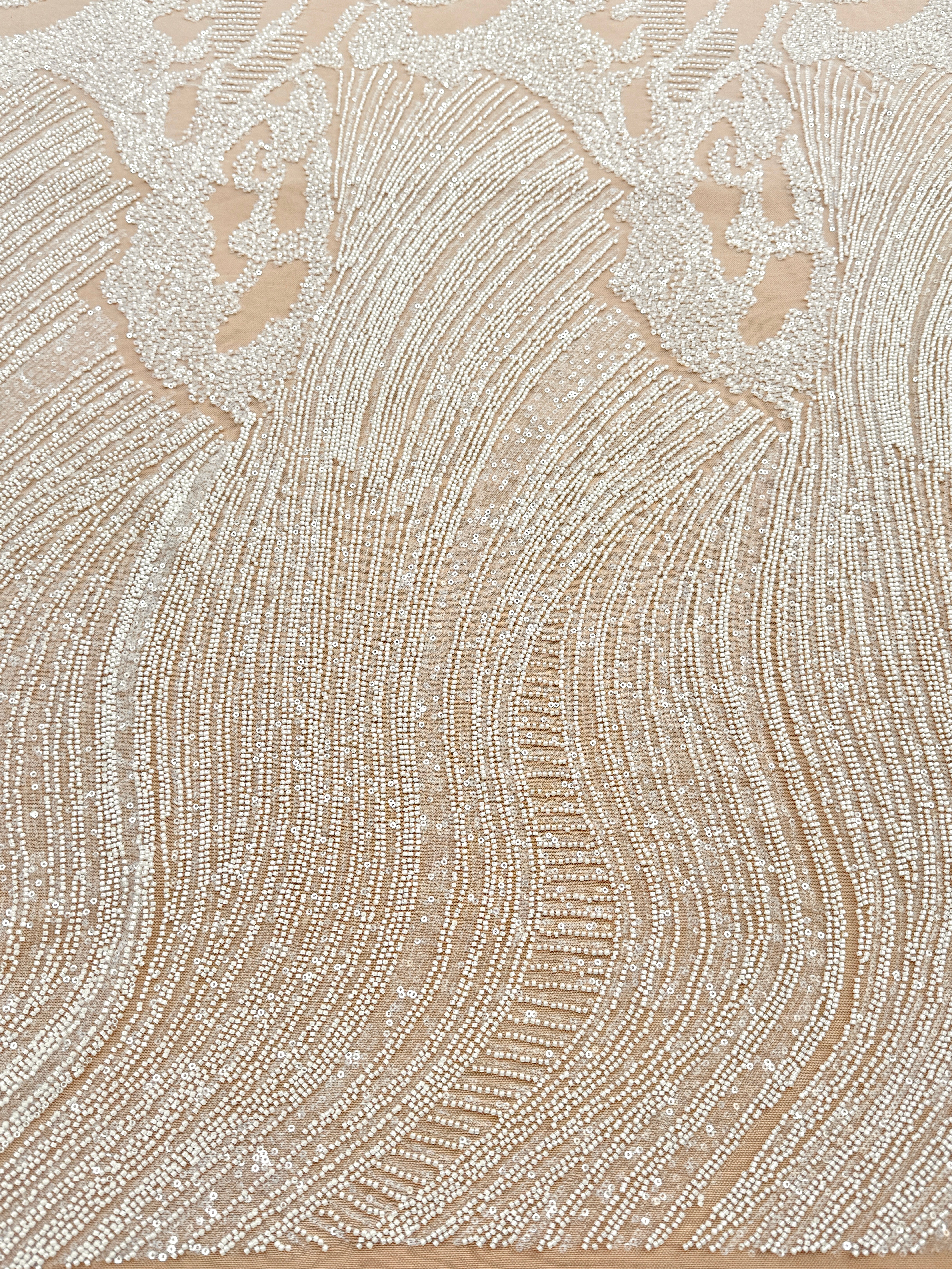 Dantela Couture Ivory cu Model Geometric, cu Margele si Paiete