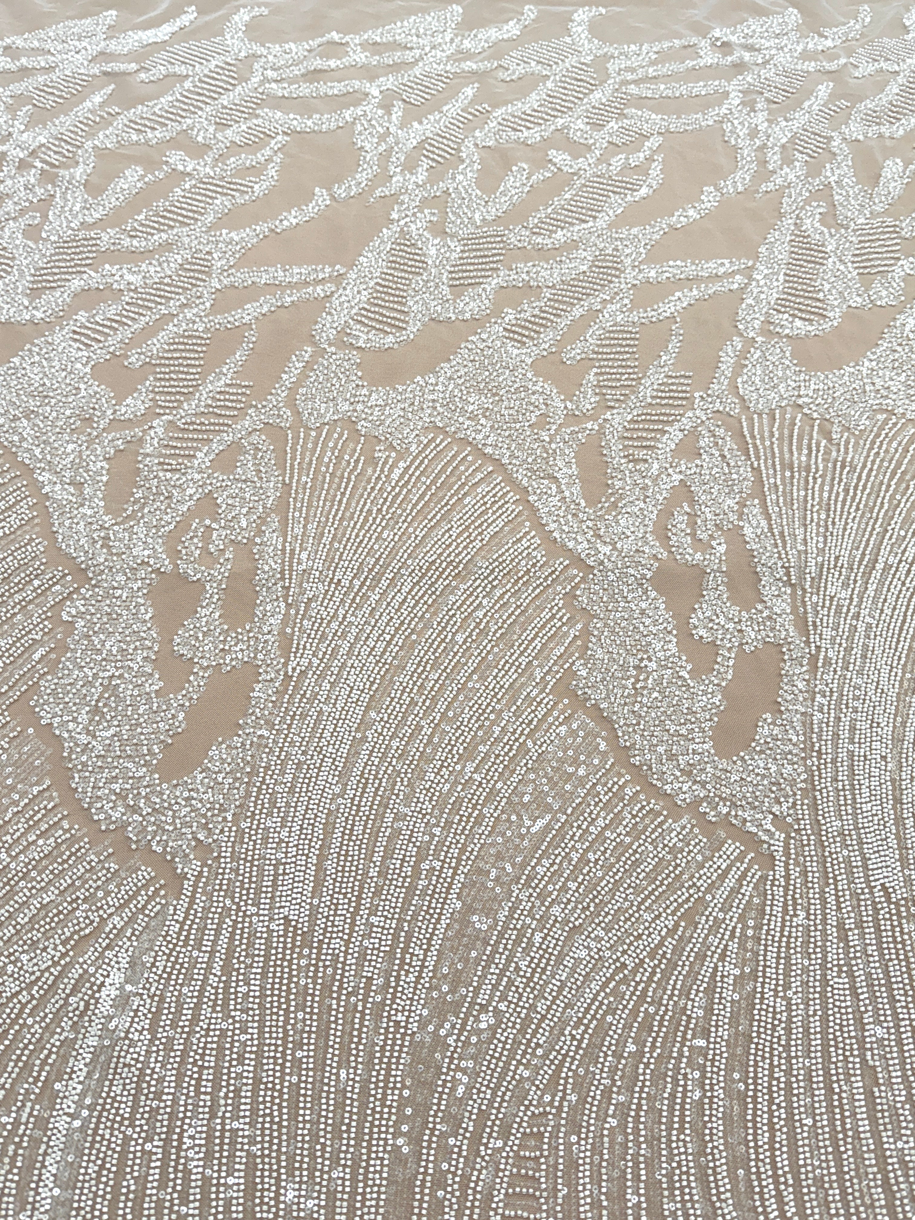 Dantela Couture Ivory cu Model Geometric, cu Margele si Paiete