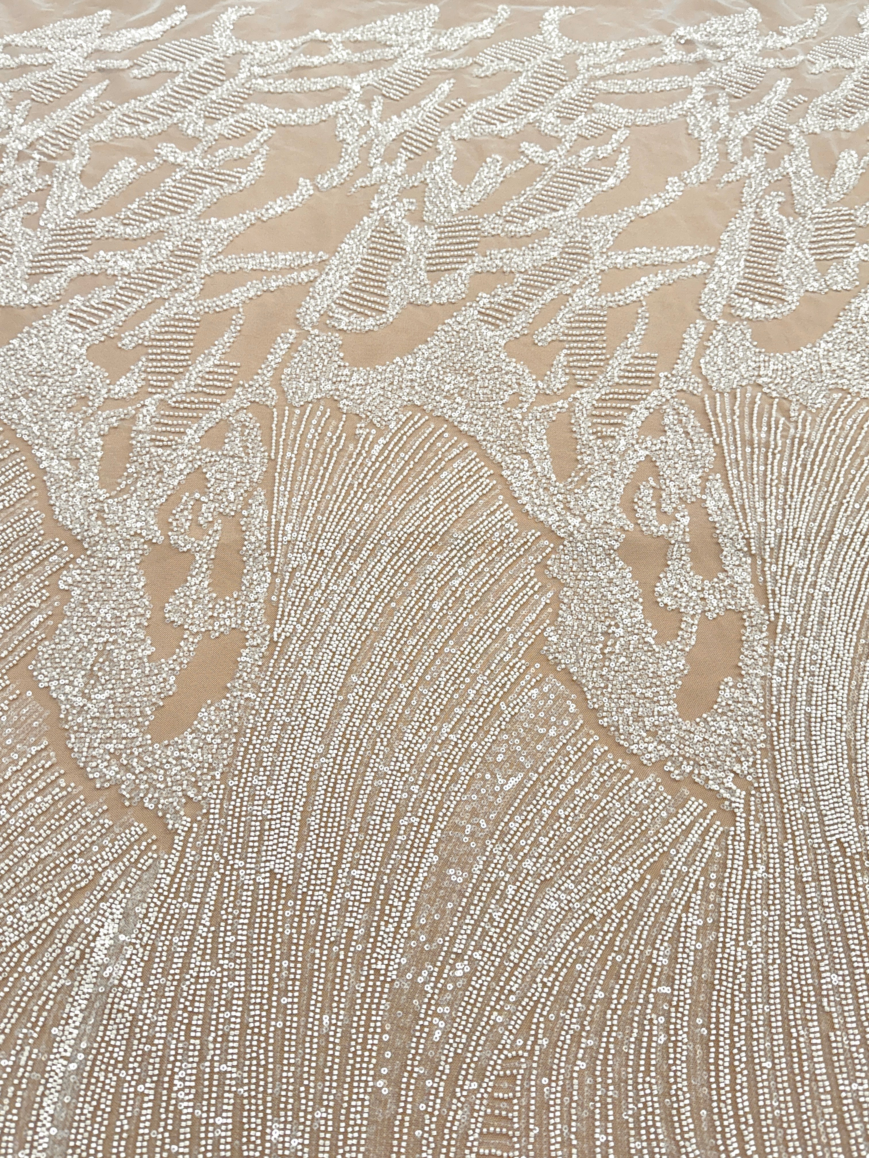 Dantela Couture Ivory cu Model Geometric, cu Margele si Paiete