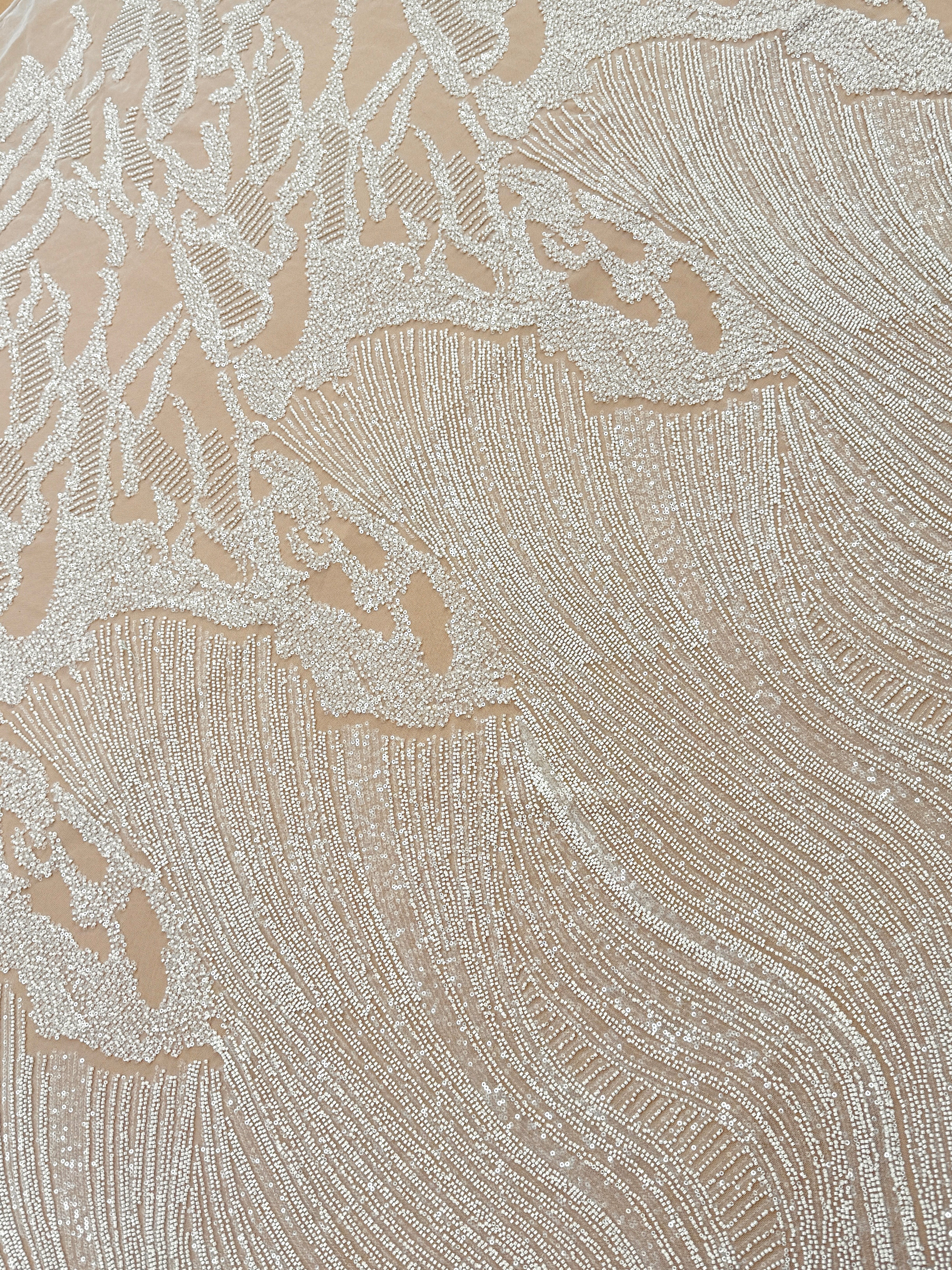 Dantela Couture Ivory cu Model Geometric, cu Margele si Paiete