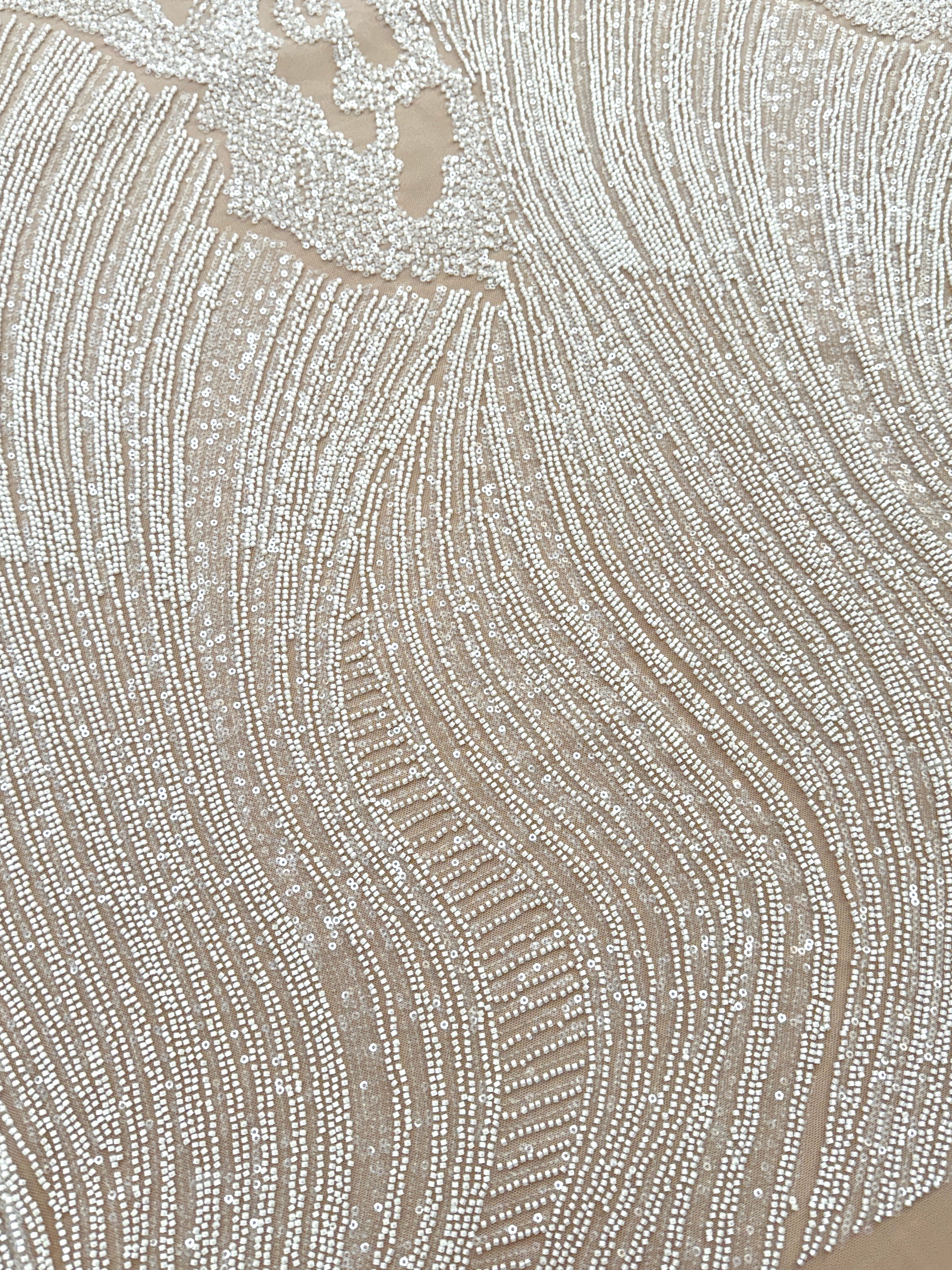 Dantela Couture Ivory cu Model Geometric, cu Margele si Paiete