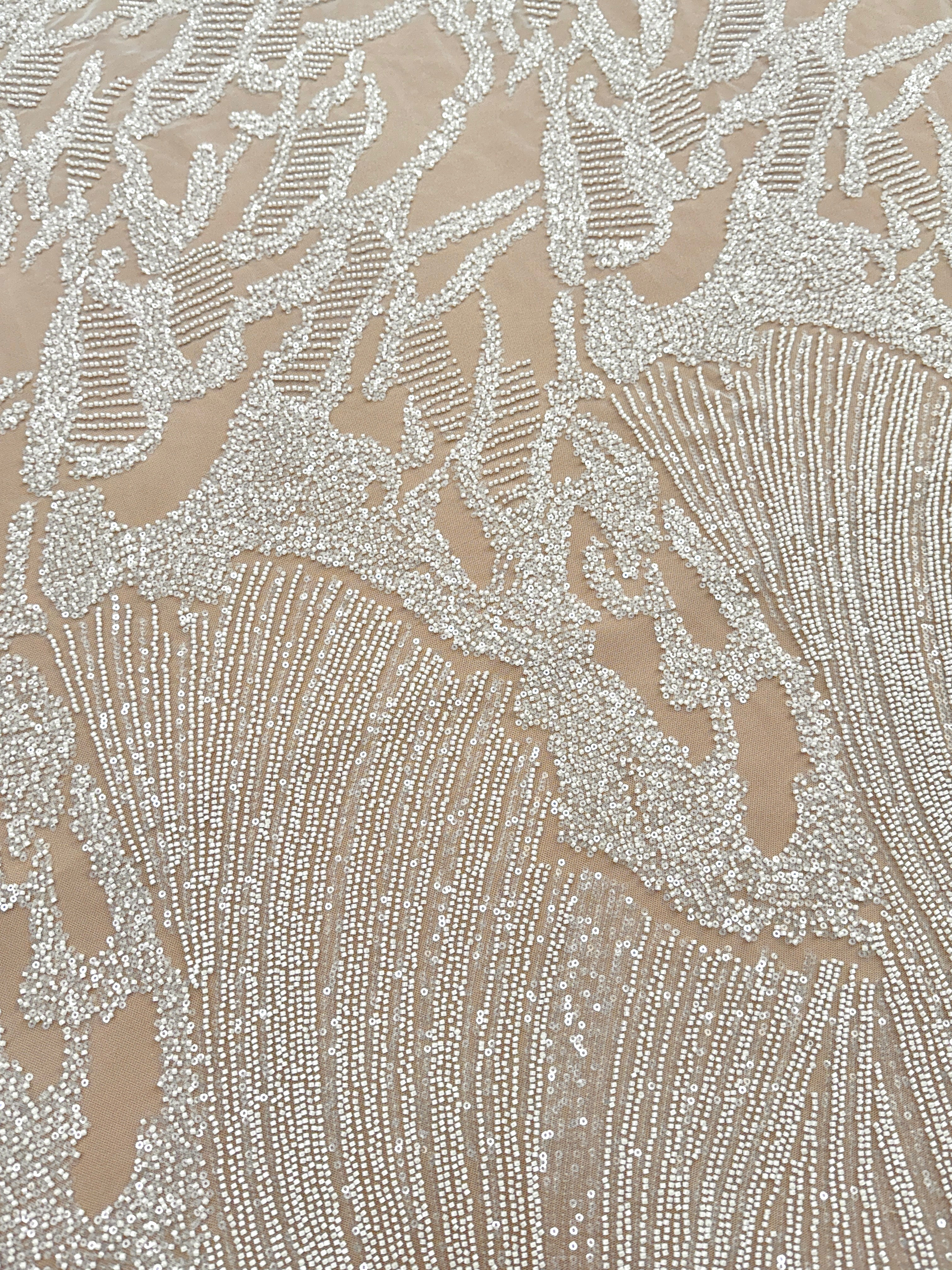 Dantela Couture Ivory cu Model Geometric, cu Margele si Paiete
