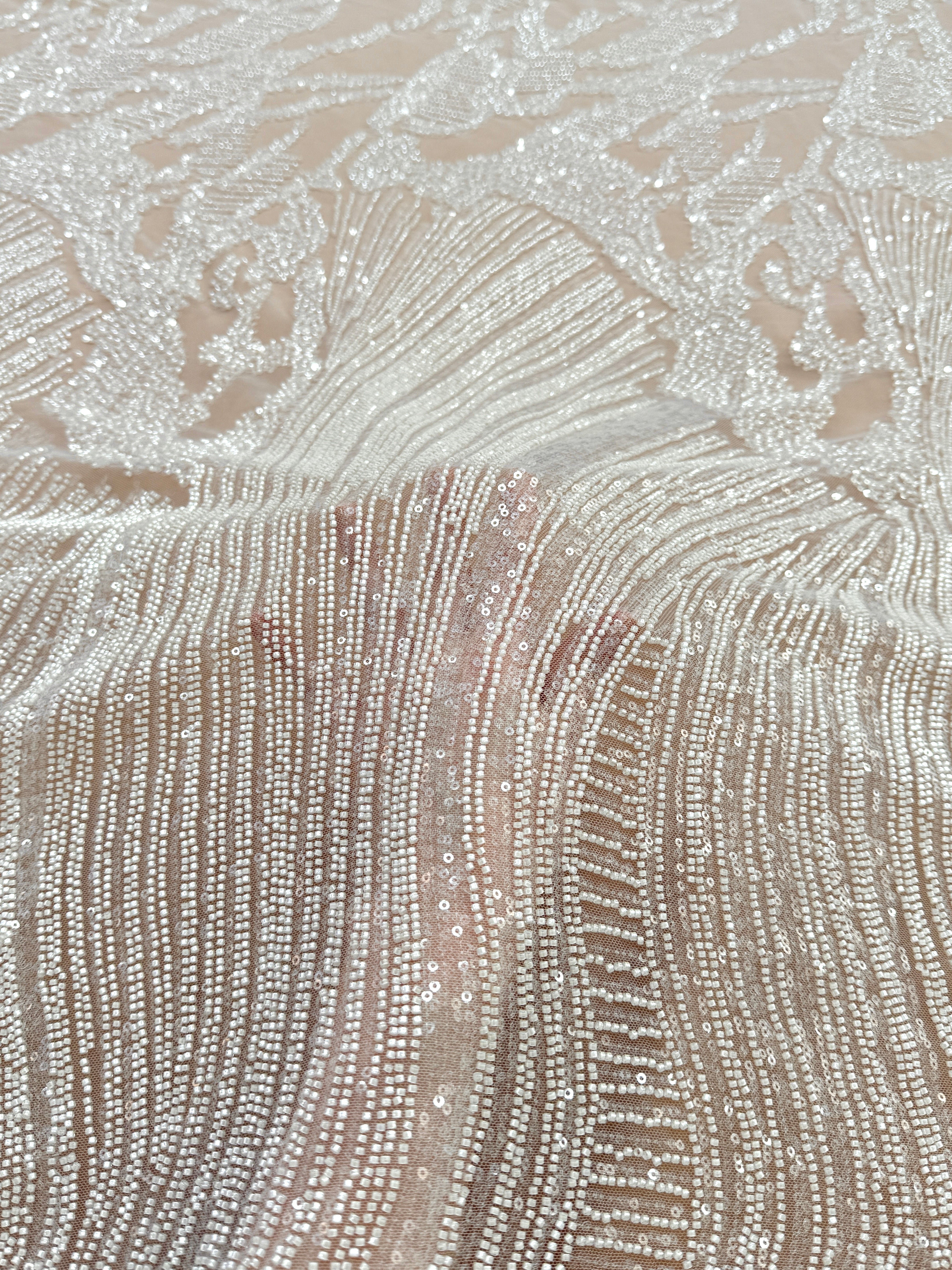 Dantela Couture Ivory cu Model Geometric, cu Margele si Paiete