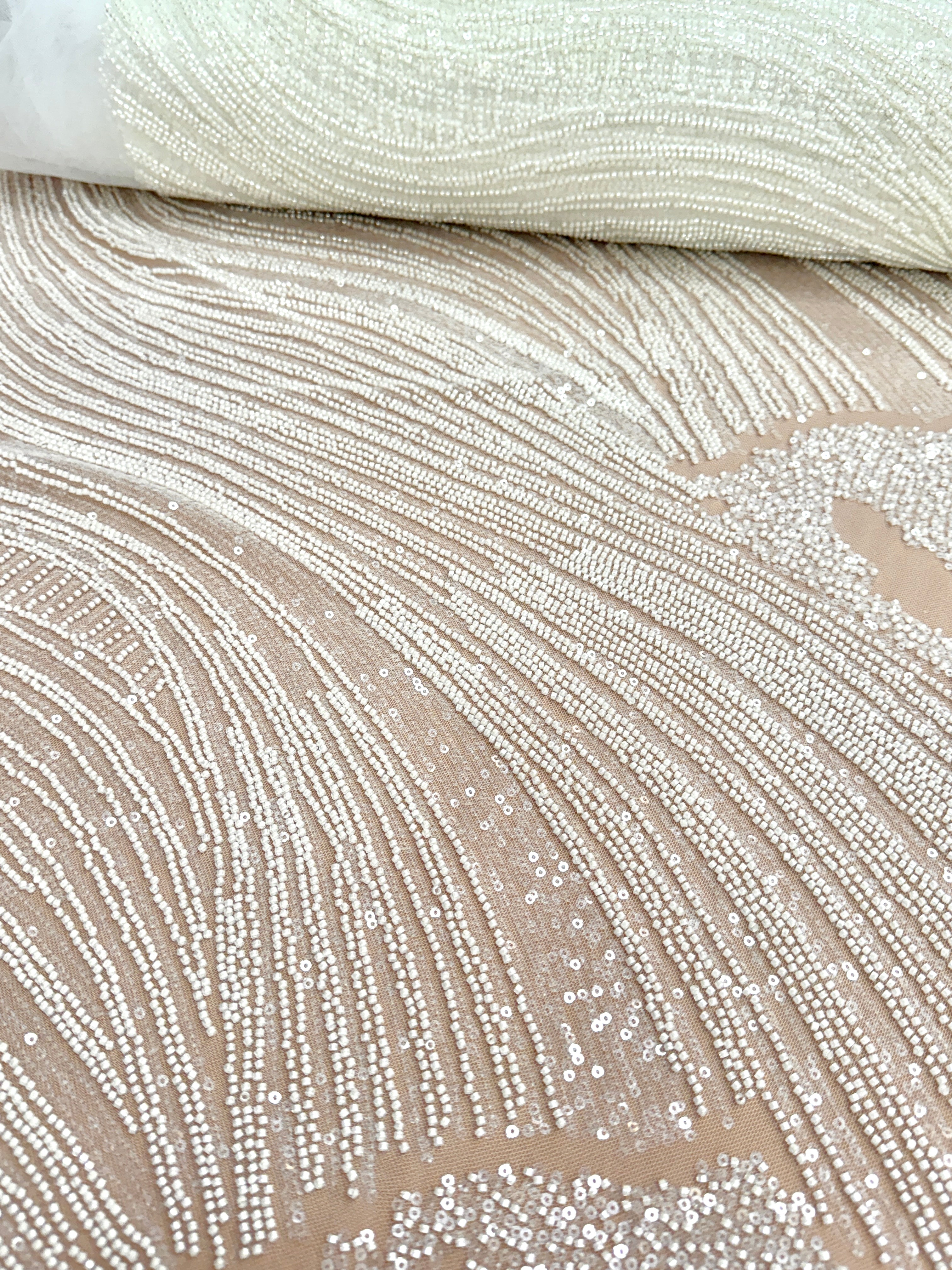 Dantela Couture Ivory cu Model Geometric, cu Margele si Paiete