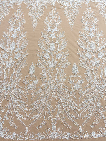 Dantela Couture Ivory pe Tulle Nude cu Model Floral, cu Margele si Paiete