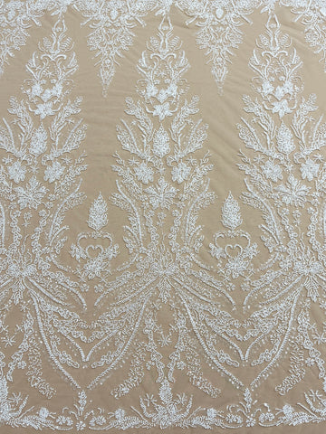 Dantela Couture Ivory pe Tulle Nude cu Model Floral, cu Margele si Paiete