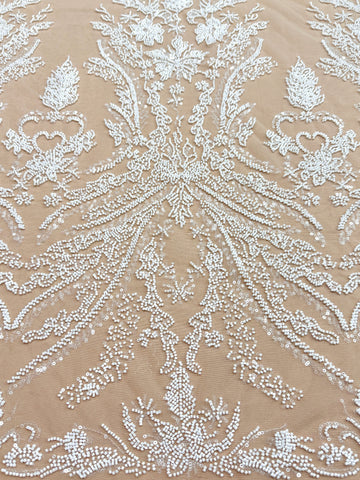 Dantela Couture Ivory pe Tulle Nude cu Model Floral, cu Margele si Paiete