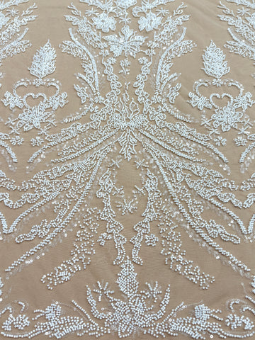 Dantela Couture Ivory pe Tulle Nude cu Model Floral, cu Margele si Paiete