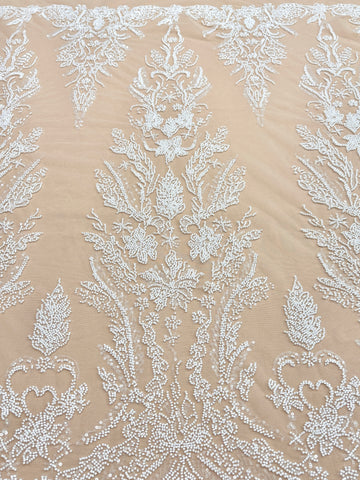 Dantela Couture Ivory pe Tulle Nude cu Model Floral, cu Margele si Paiete