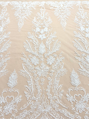 Dantela Couture Ivory pe Tulle Nude cu Model Floral, cu Margele si Paiete